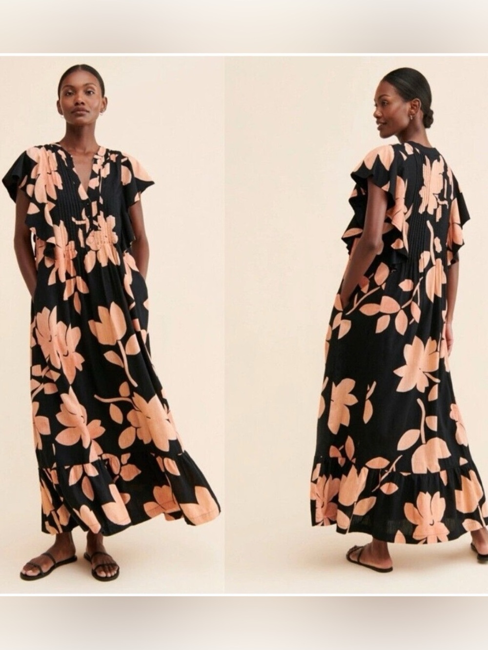 Maeve by Anthropologie Black Maxi Dress with Peach Floral Print